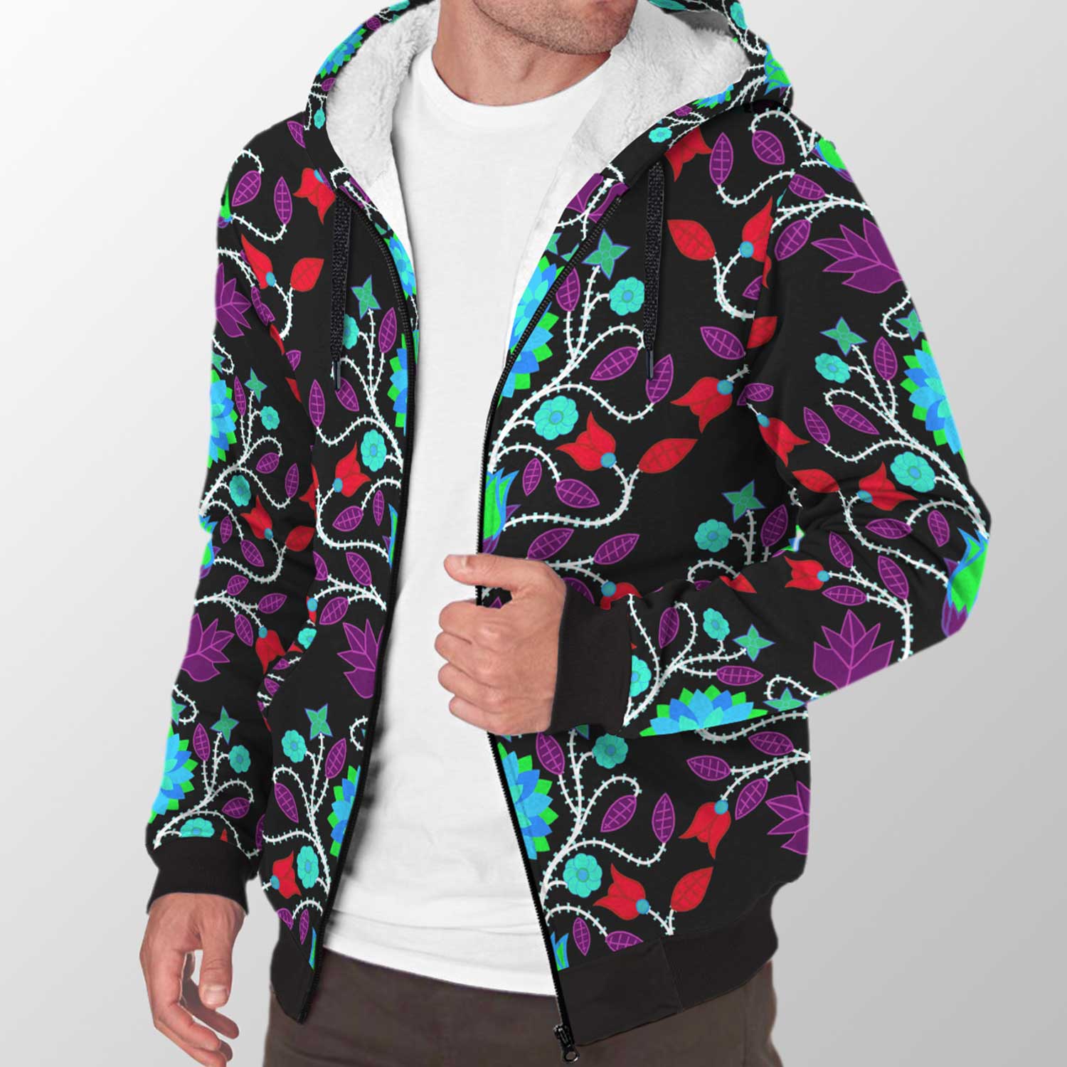 Floral Beadwork Four Clans Winter Sherpa Hoodie 49 Dzine
