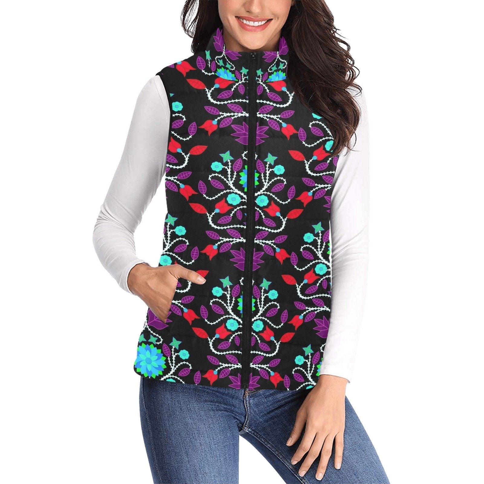 Floral Beadwork Four Clans Winter Women's Padded Vest Jacket (Model H44) Women's Padded Vest Jacket (H44) e-joyer