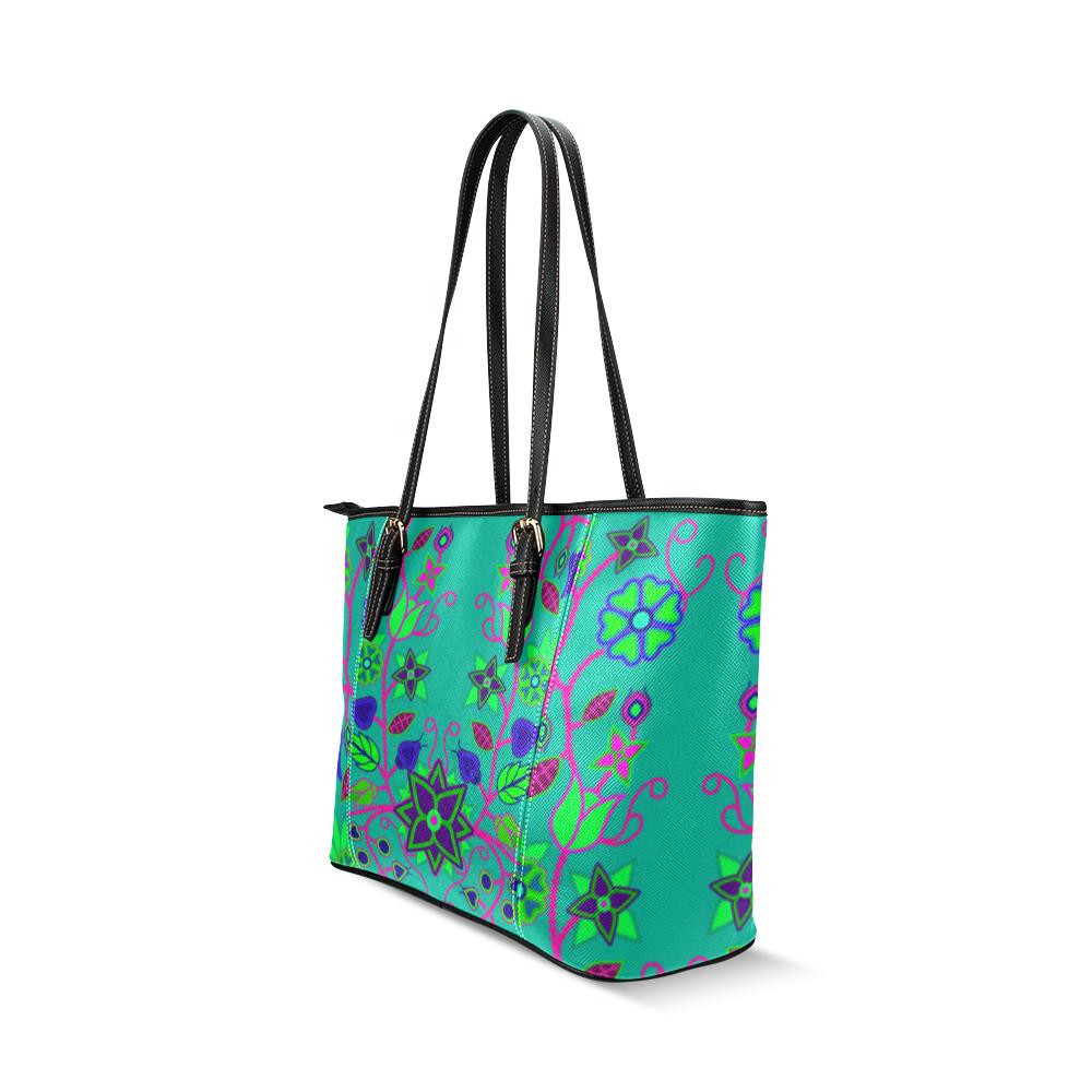 Floral Beadwork Seven Clans Teal Leather Tote Bag/Large (Model 1640) Leather Tote Bag (1640) e-joyer