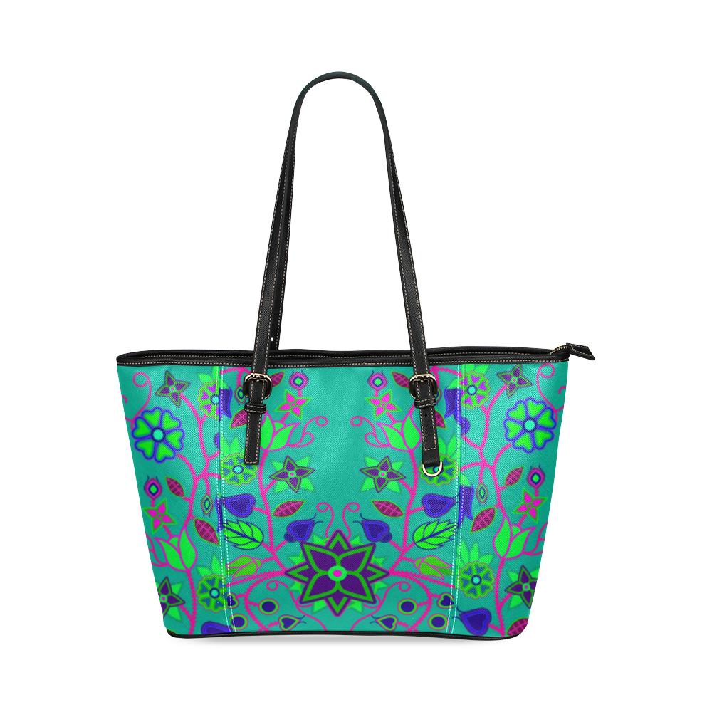 Floral Beadwork Seven Clans Teal Leather Tote Bag/Large (Model 1640) Leather Tote Bag (1640) e-joyer