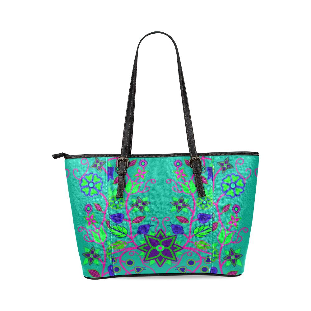 Floral Beadwork Seven Clans Teal Leather Tote Bag/Large (Model 1640) Leather Tote Bag (1640) e-joyer