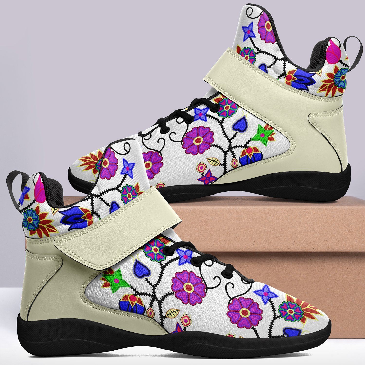 Floral Beadwork Seven Clans White Ipottaa Basketball / Sport High Top Shoes - Black Sole 49 Dzine