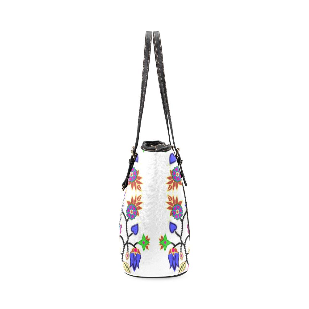 Floral Beadwork Seven Clans White Leather Tote Bag/Large (Model 1640) Leather Tote Bag (1640) e-joyer