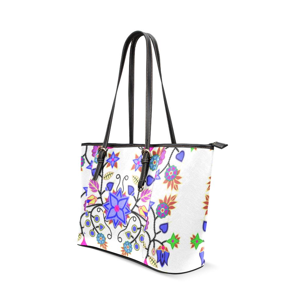 Floral Beadwork Seven Clans White Leather Tote Bag/Large (Model 1640) Leather Tote Bag (1640) e-joyer
