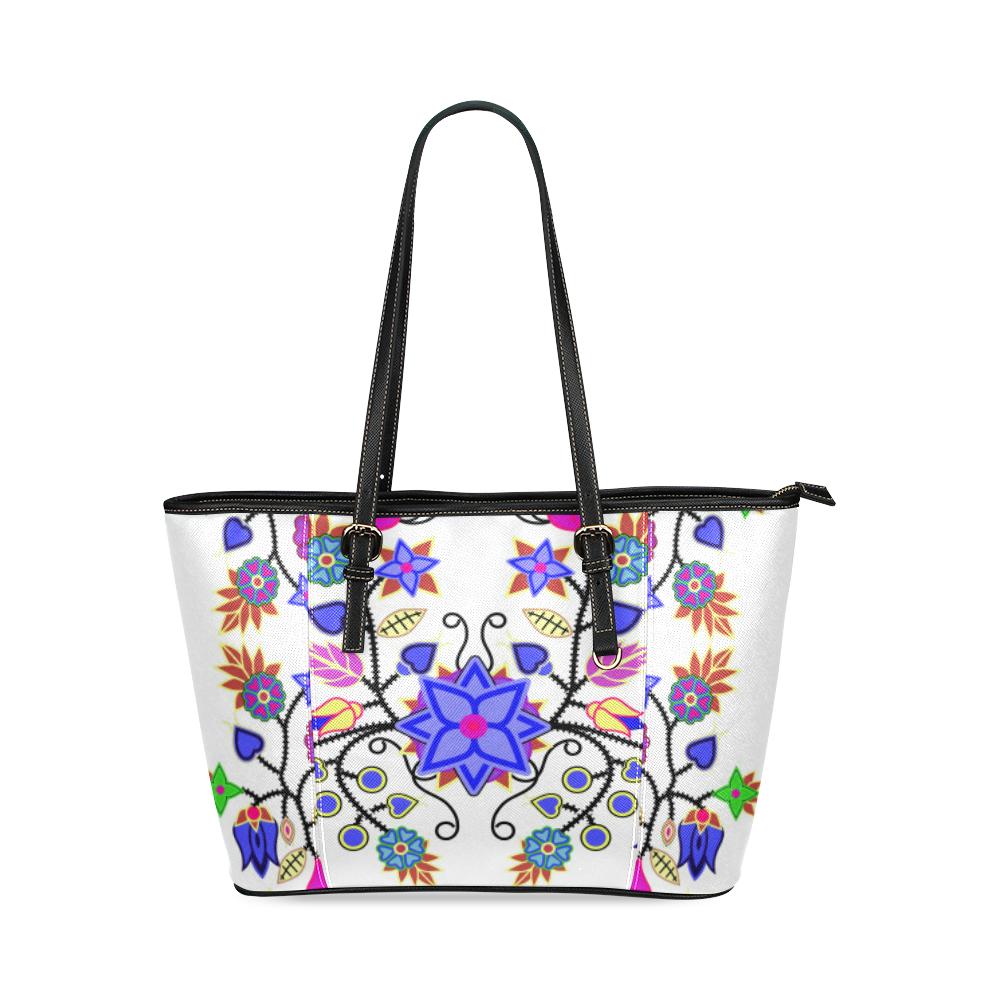 Floral Beadwork Seven Clans White Leather Tote Bag/Large (Model 1640) Leather Tote Bag (1640) e-joyer