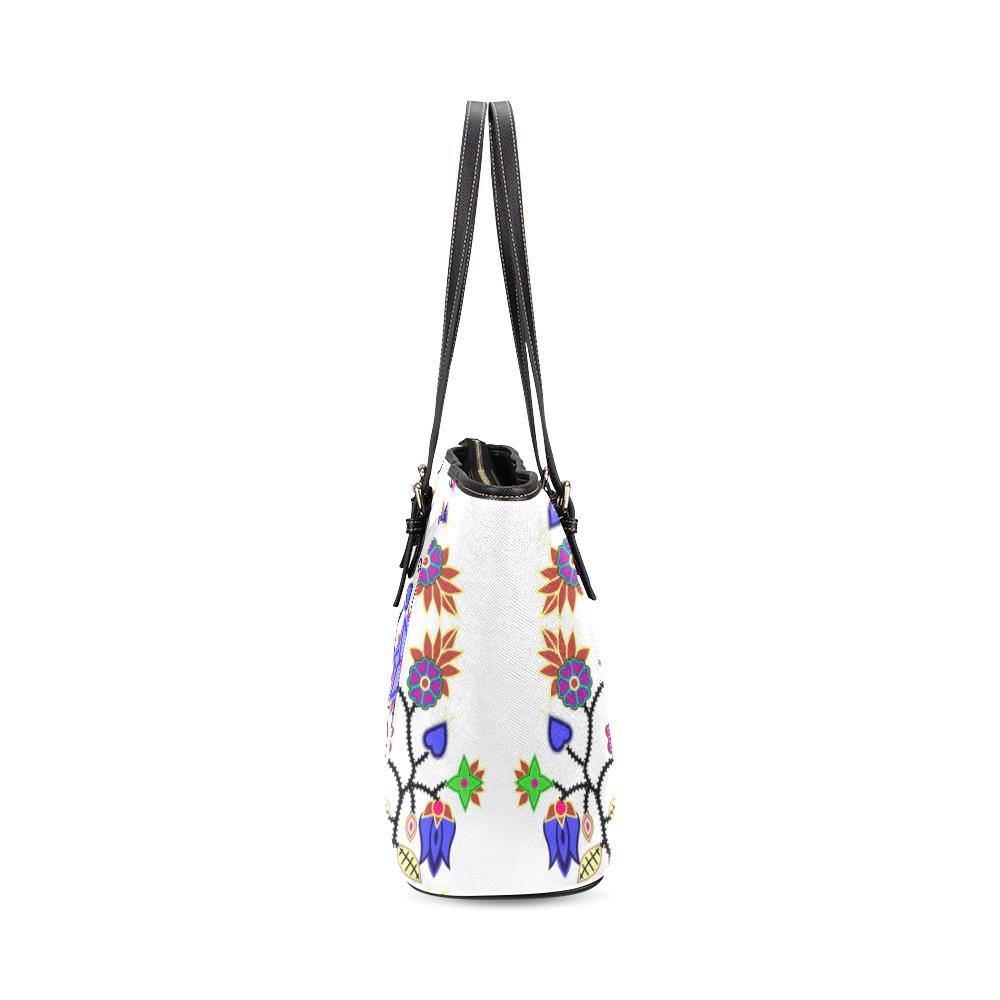 Floral Beadwork Seven Clans White Leather Tote Bag/Large (Model 1640) Leather Tote Bag (1640) e-joyer