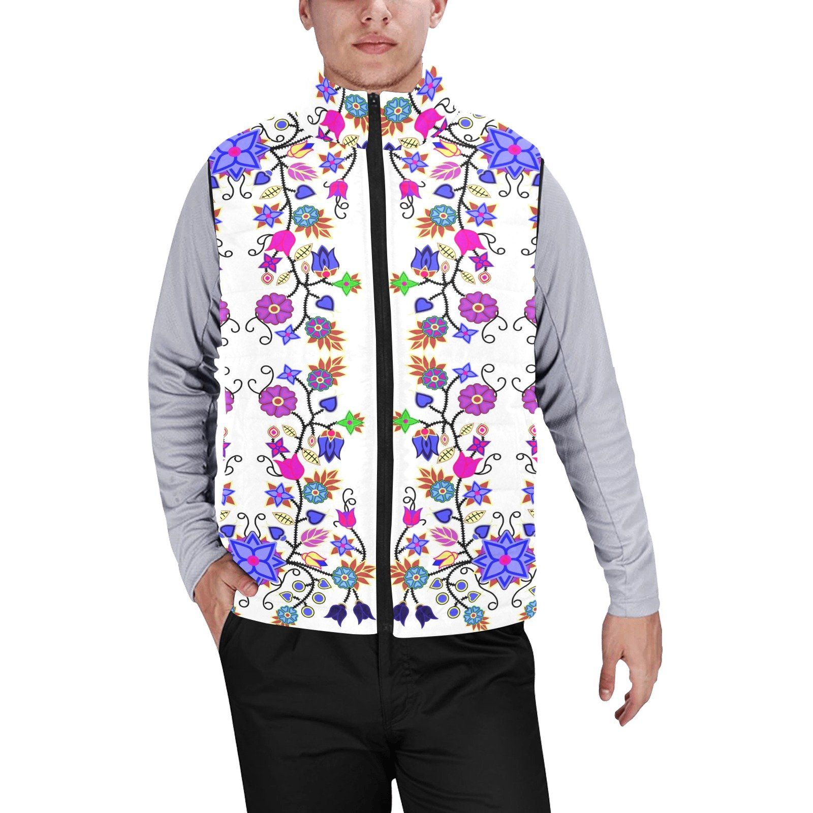 Floral Beadwork Seven Clans White Men's Padded Vest Jacket (Model H44) Men's Padded Vest Jacket (H44) e-joyer