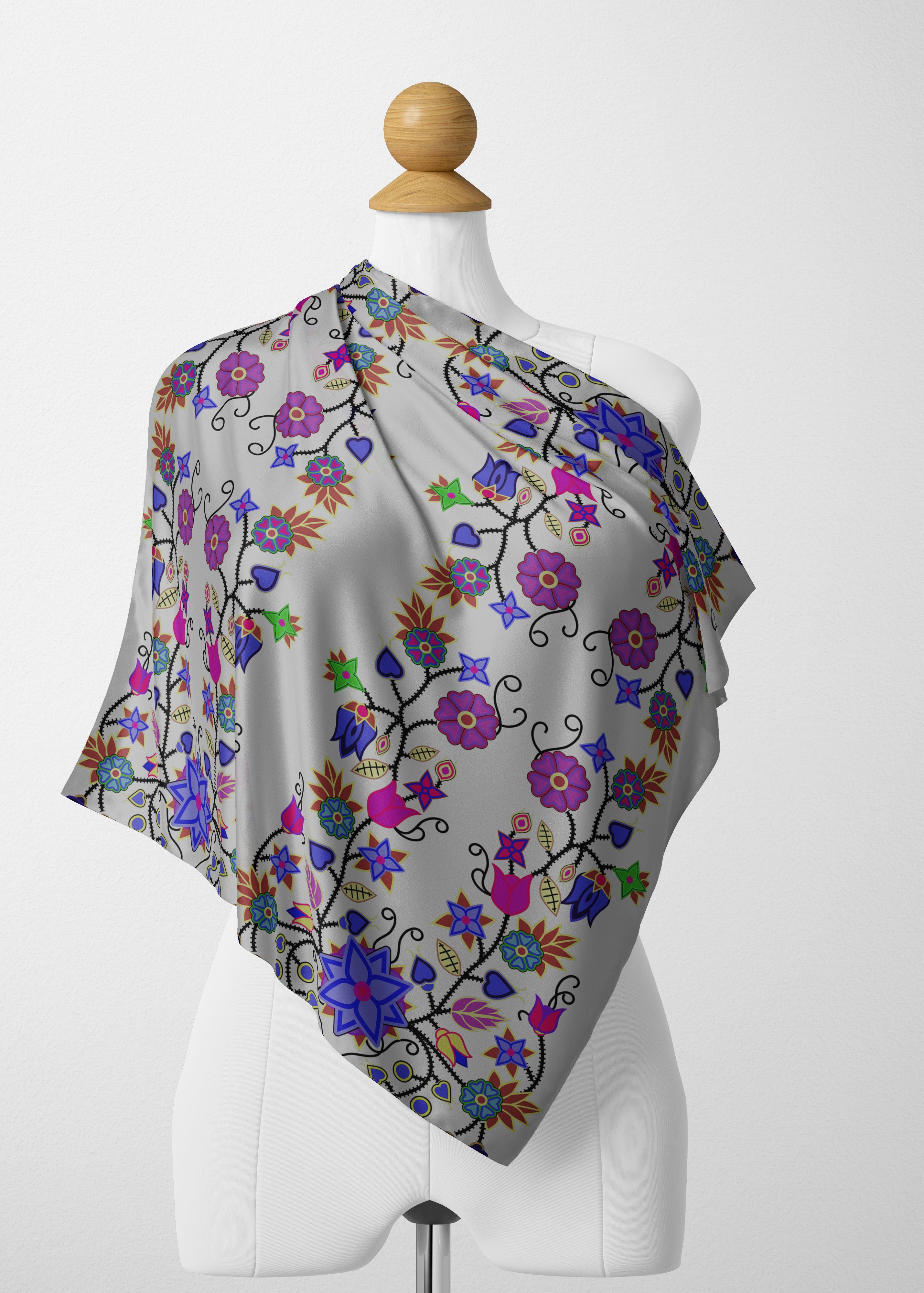 Floral Beadwork Seven Clans White Satin Shawl Scarf 49 Dzine