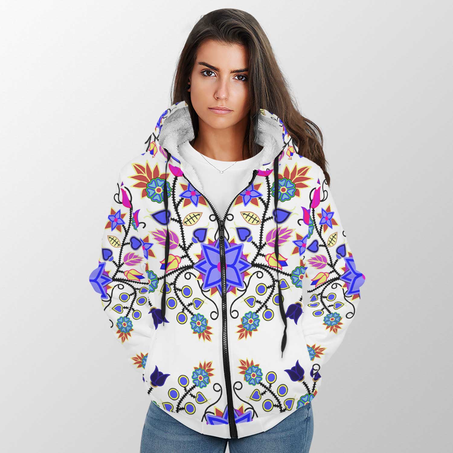 Floral Beadwork Seven Clans White Sherpa Hoodie 49 Dzine