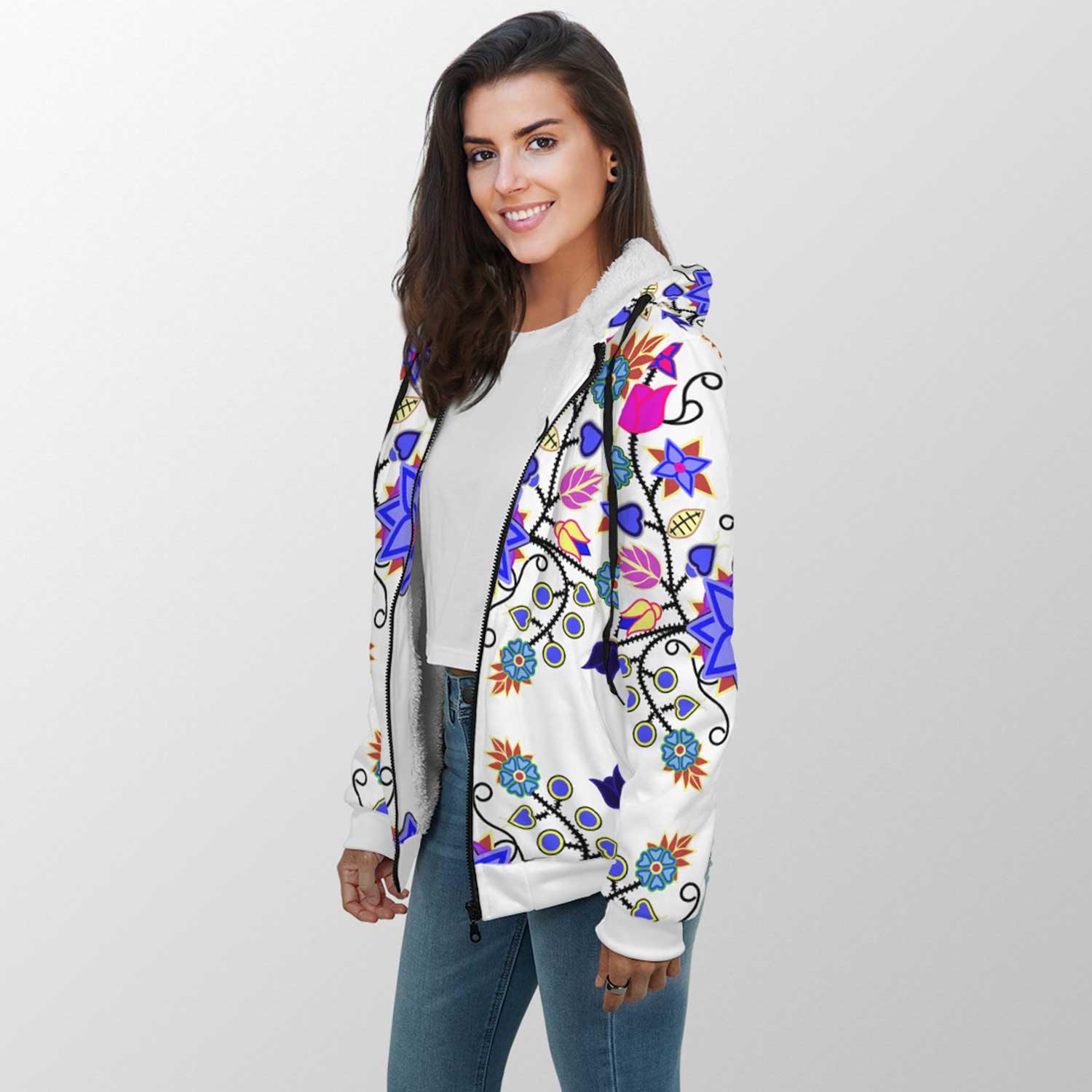 Floral Beadwork Seven Clans White Sherpa Hoodie 49 Dzine