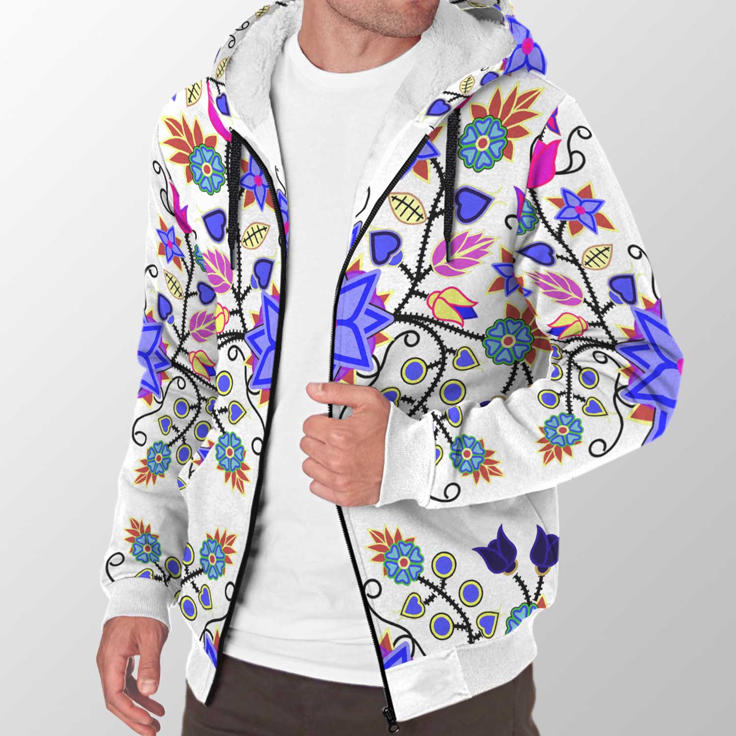 Floral Beadwork Seven Clans White Sherpa Hoodie 49 Dzine