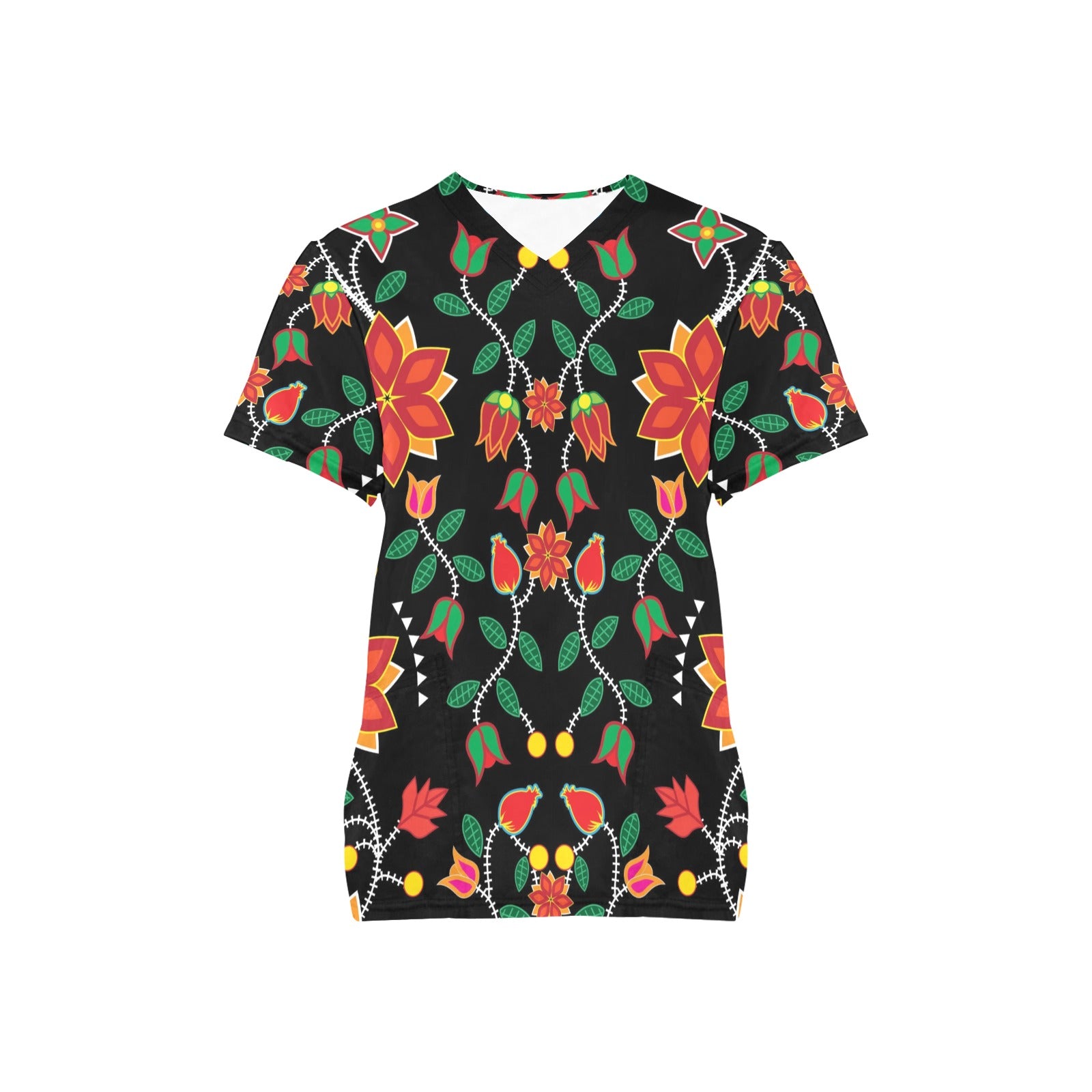 Floral Beadwork Six Bands All Over Print Scrub Top Scrub Top e-joyer