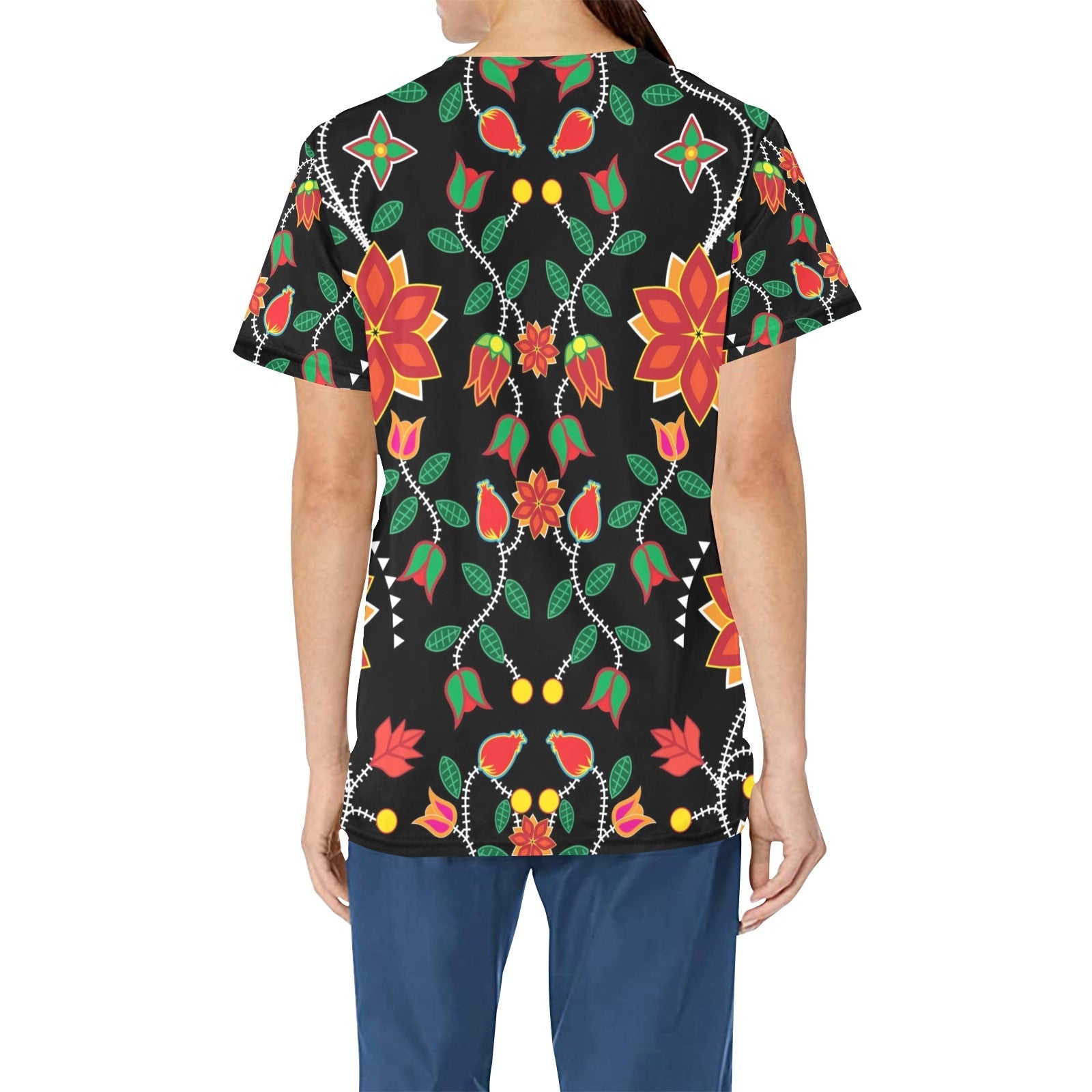 Floral Beadwork Six Bands All Over Print Scrub Top Scrub Top e-joyer