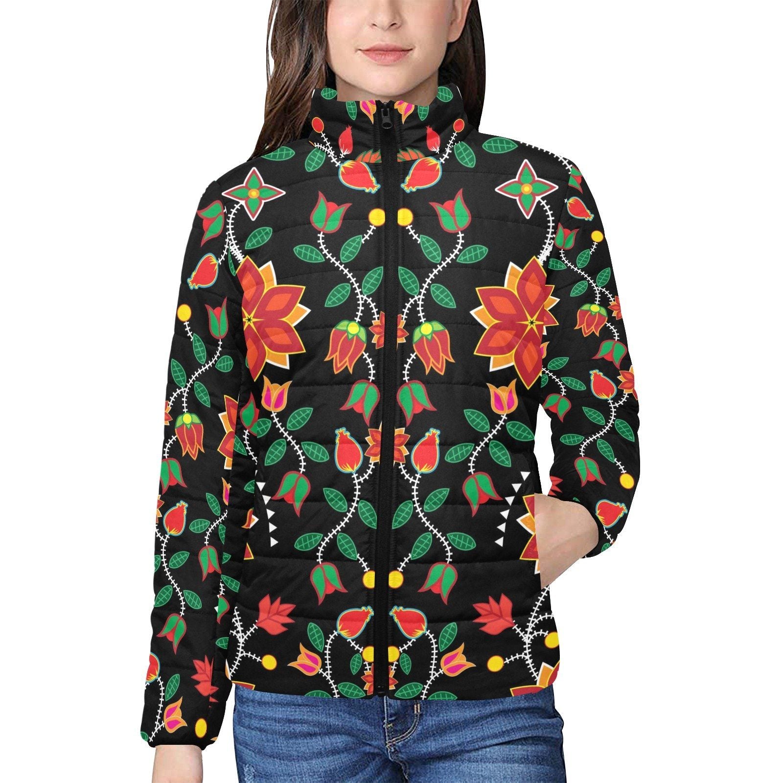 Floral Beadwork Six Bands Women's Stand Collar Padded Jacket (Model H41) jacket e-joyer