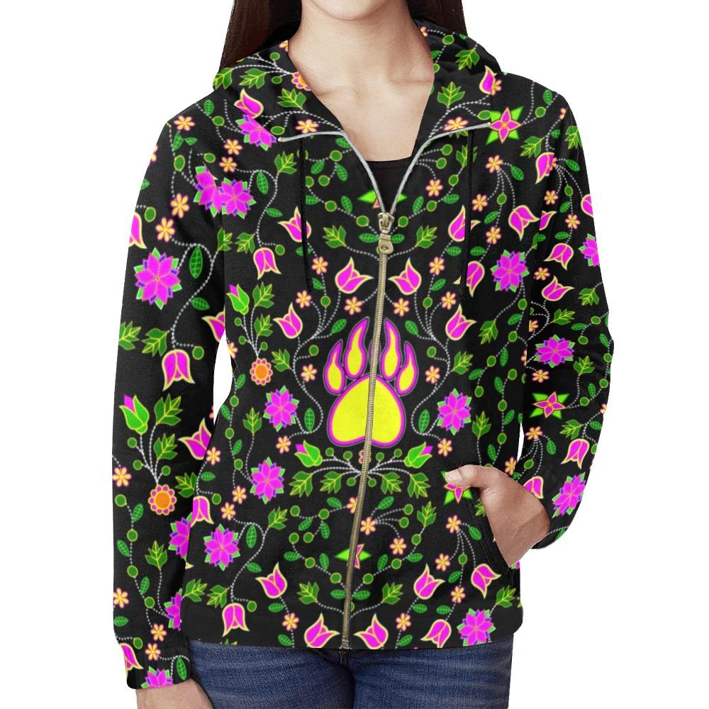 Floral Bearpaw Pink and Yellow All Over Print Full Zip Hoodie for Women (Model H14) hoodie e-joyer