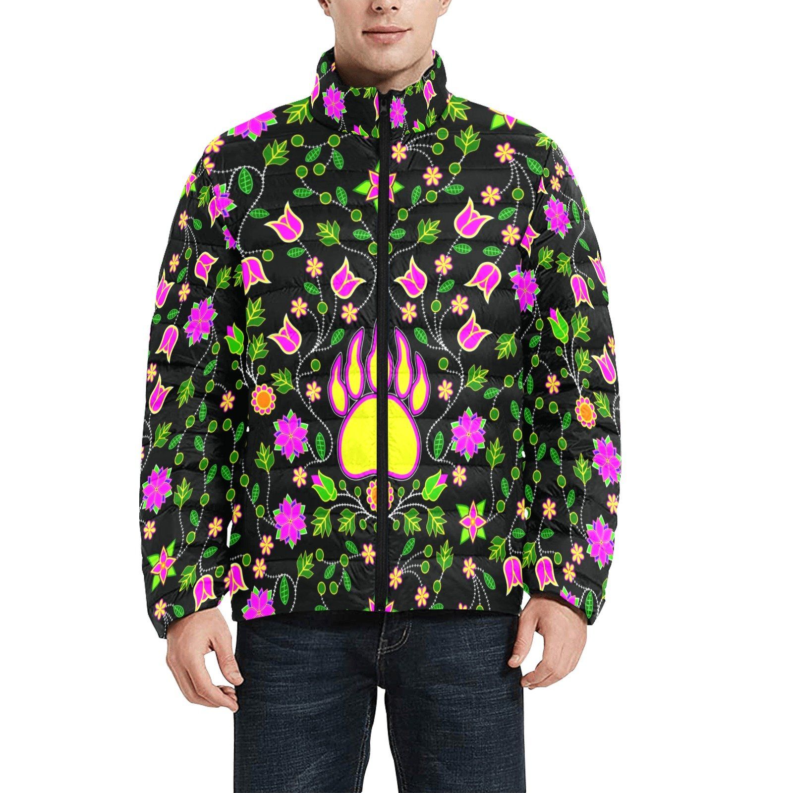 Floral Bearpaw Pink and Yellow Men's Stand Collar Padded Jacket (Model H41) Men's Stand Collar Padded Jacket (H41) e-joyer