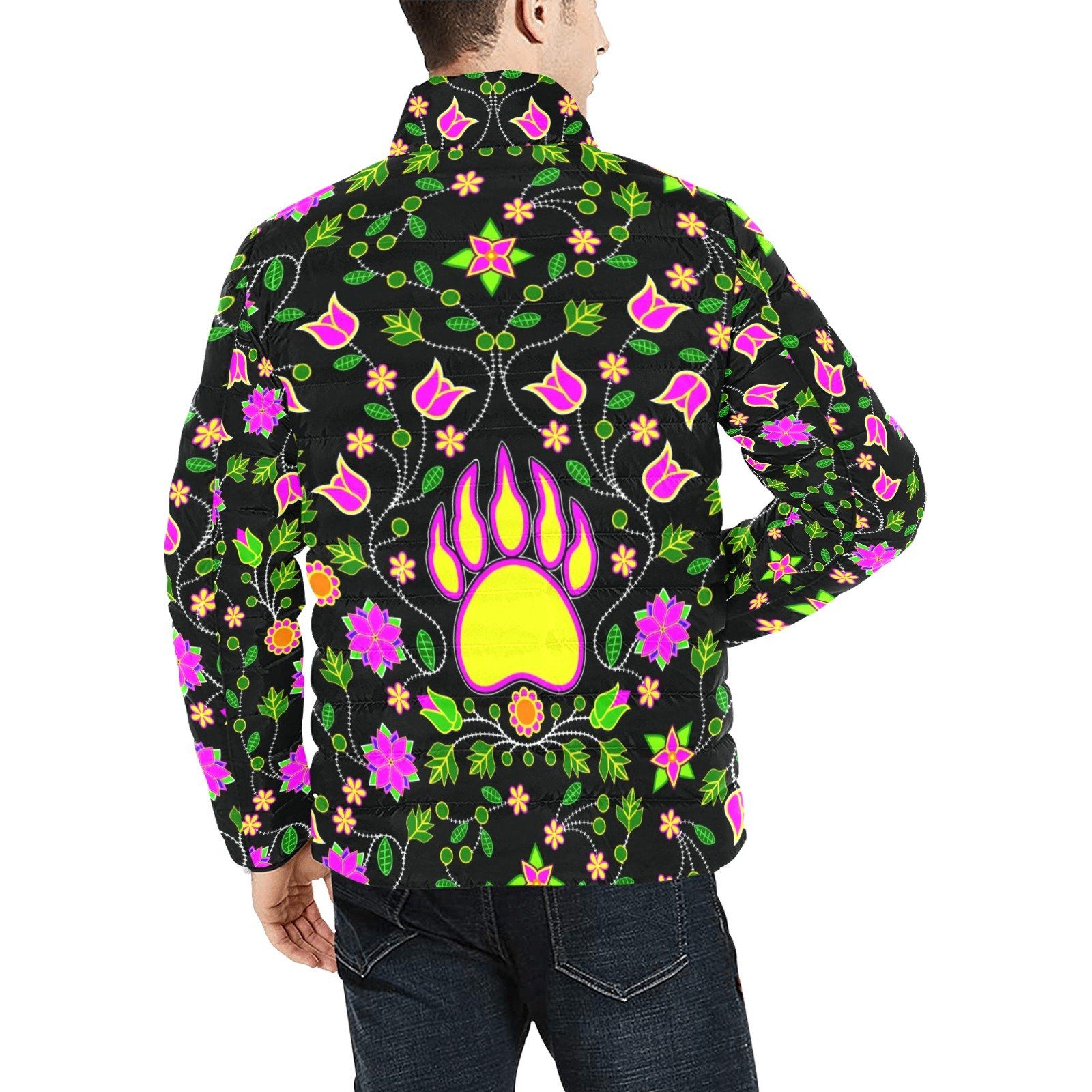 Floral Bearpaw Pink and Yellow Men's Stand Collar Padded Jacket (Model H41) Men's Stand Collar Padded Jacket (H41) e-joyer