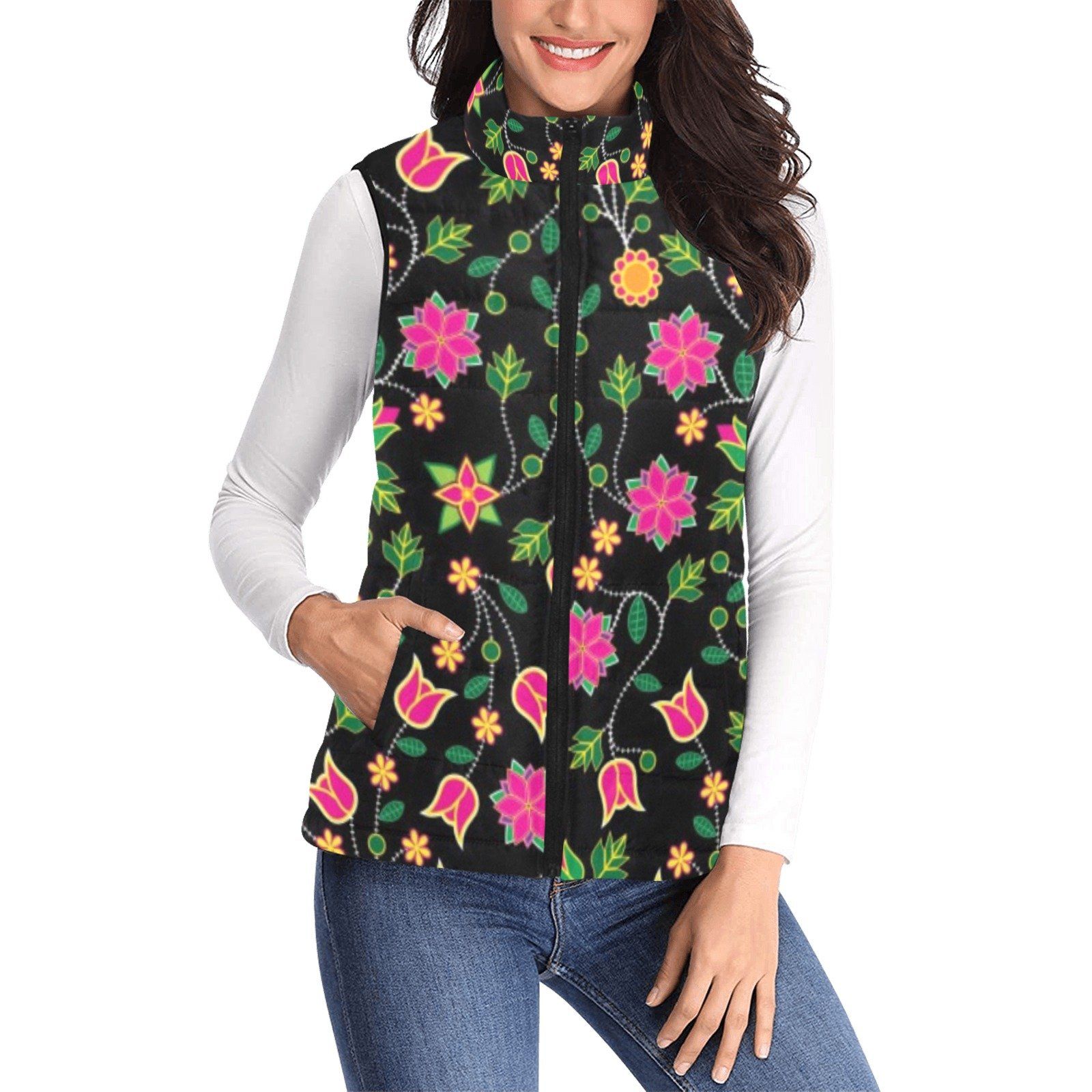 Floral Bearpaw Pink and Yellow Women's Padded Vest Jacket (Model H44) Women's Padded Vest Jacket (H44) e-joyer