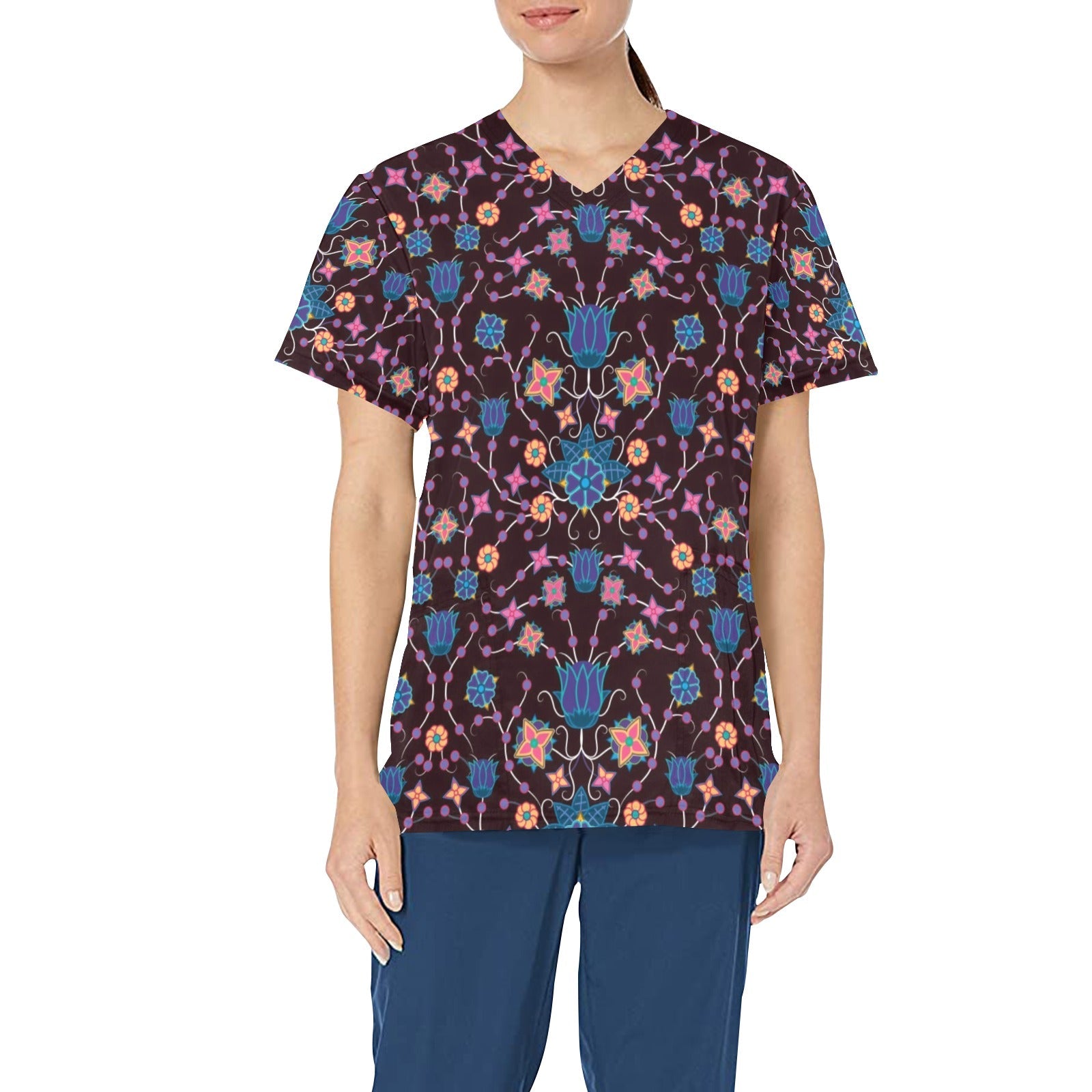 Floral Damask Purple All Over Print Scrub Top Scrub Top e-joyer