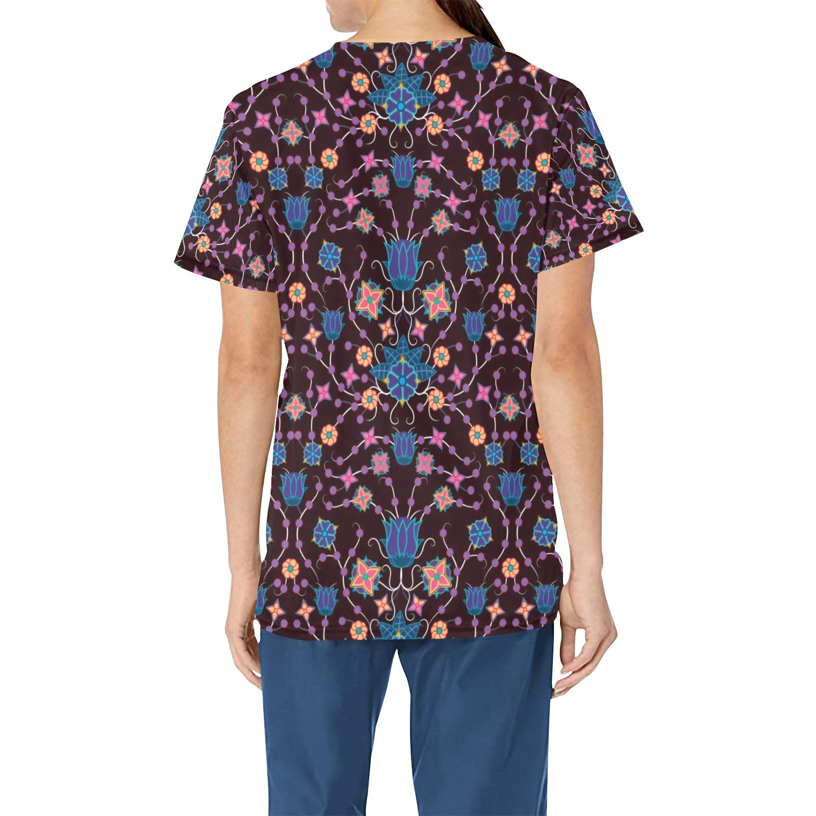 Floral Damask Purple All Over Print Scrub Top Scrub Top e-joyer