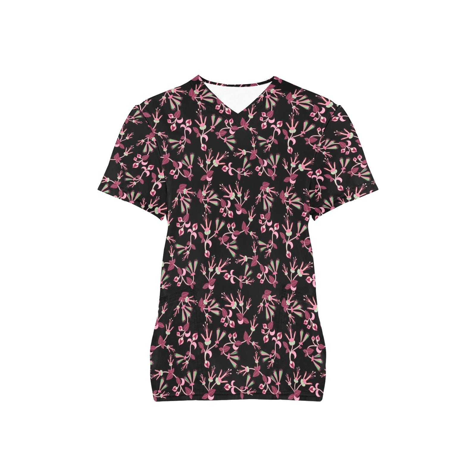 Floral Green Black All Over Print Scrub Top Scrub Top e-joyer