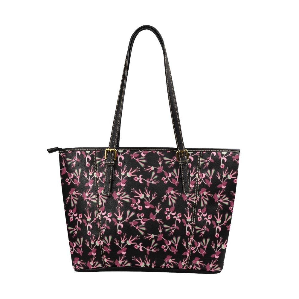Floral Green Black Leather Tote Bag/Large (Model 1640) Leather Tote Bag (1640) e-joyer