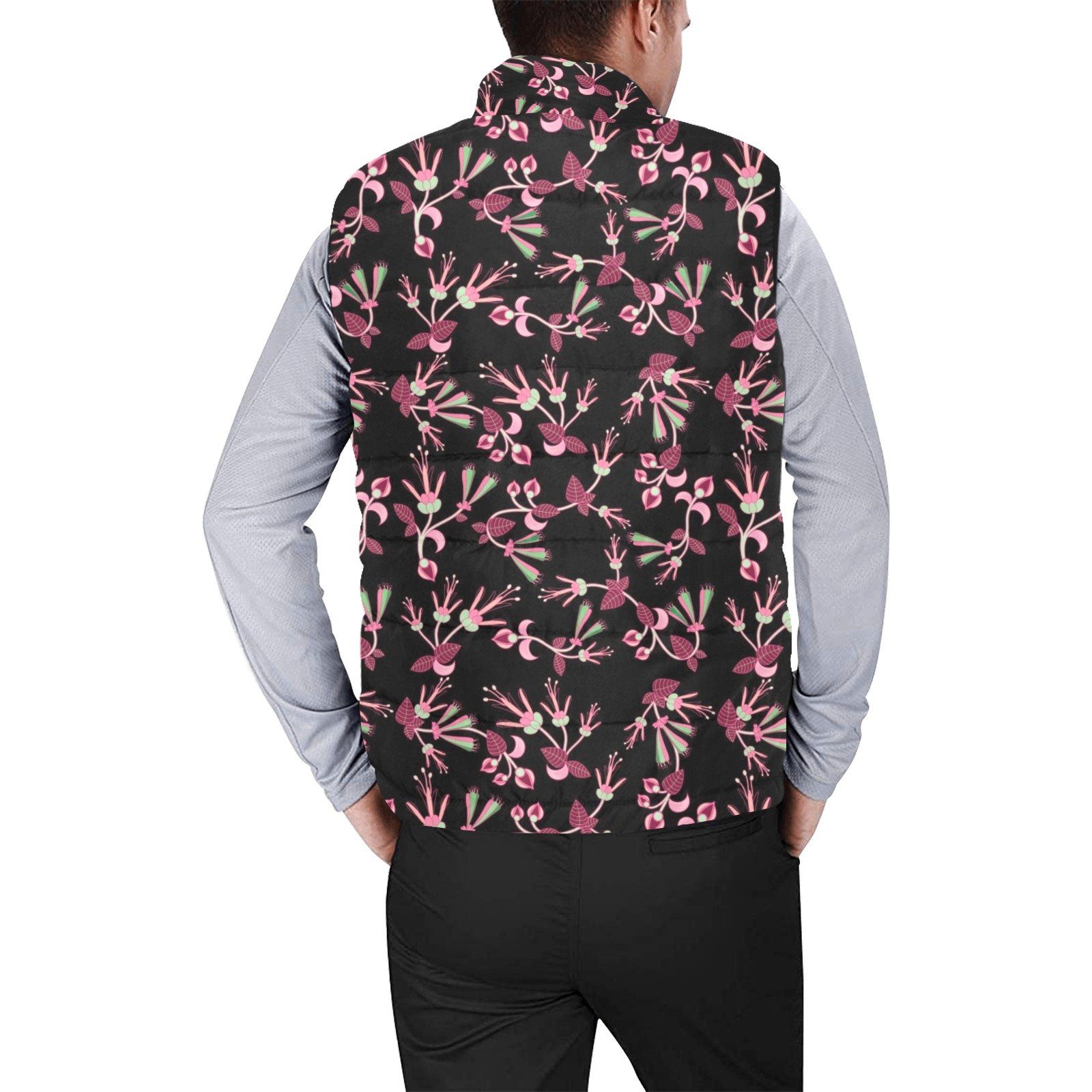 Floral Green Black Men's Padded Vest Jacket (Model H44) Men's Padded Vest Jacket (H44) e-joyer