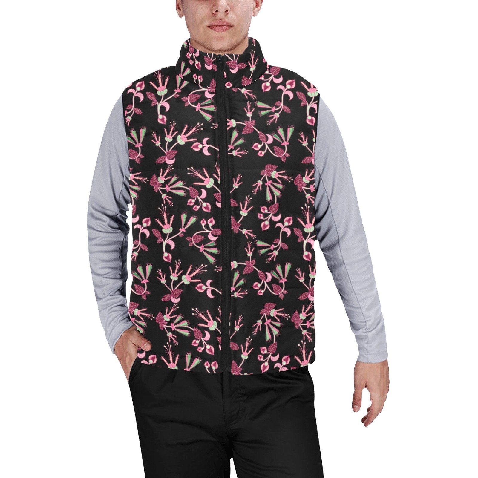 Floral Green Black Men's Padded Vest Jacket (Model H44) Men's Padded Vest Jacket (H44) e-joyer