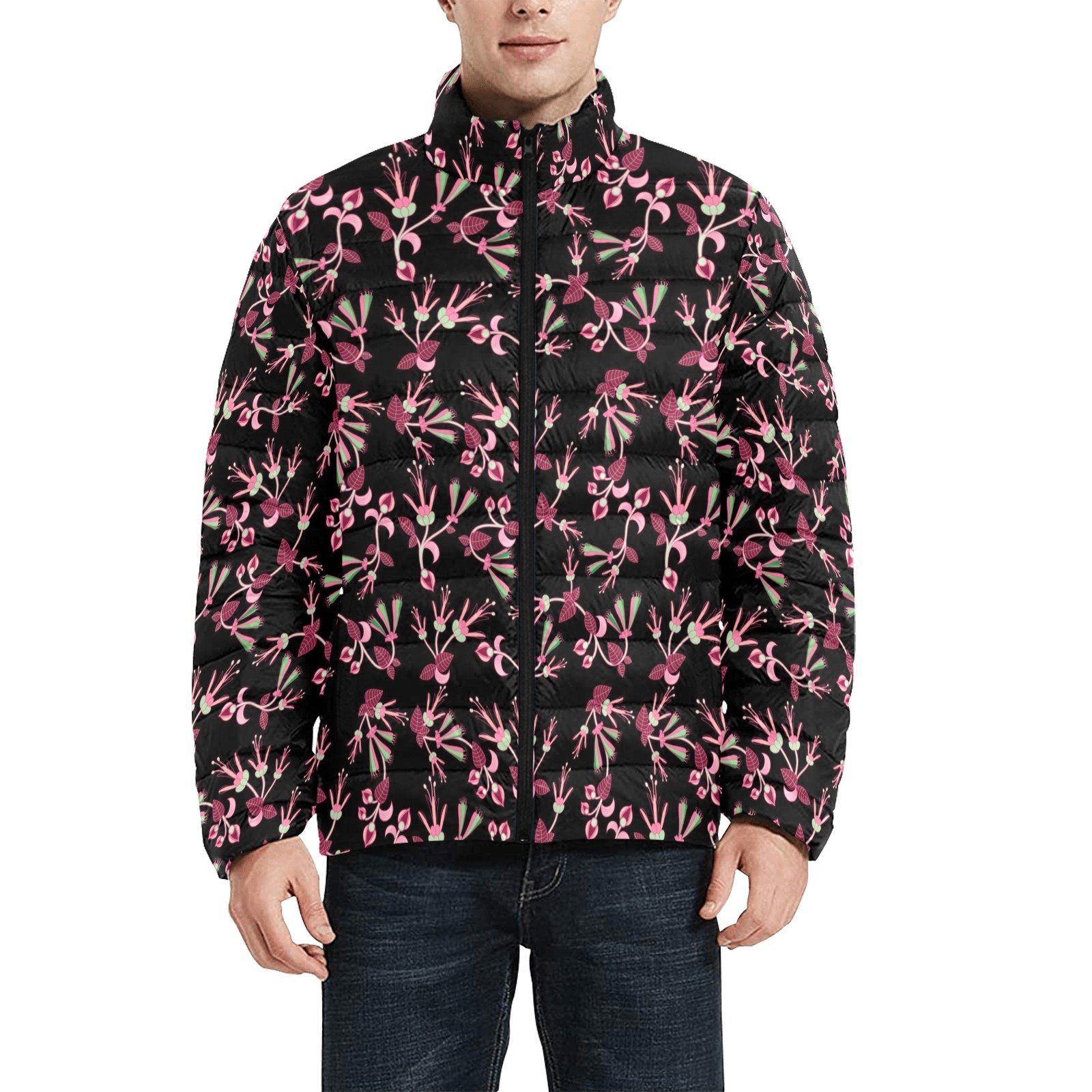 Floral Green Black Men's Stand Collar Padded Jacket (Model H41) Men's Stand Collar Padded Jacket (H41) e-joyer