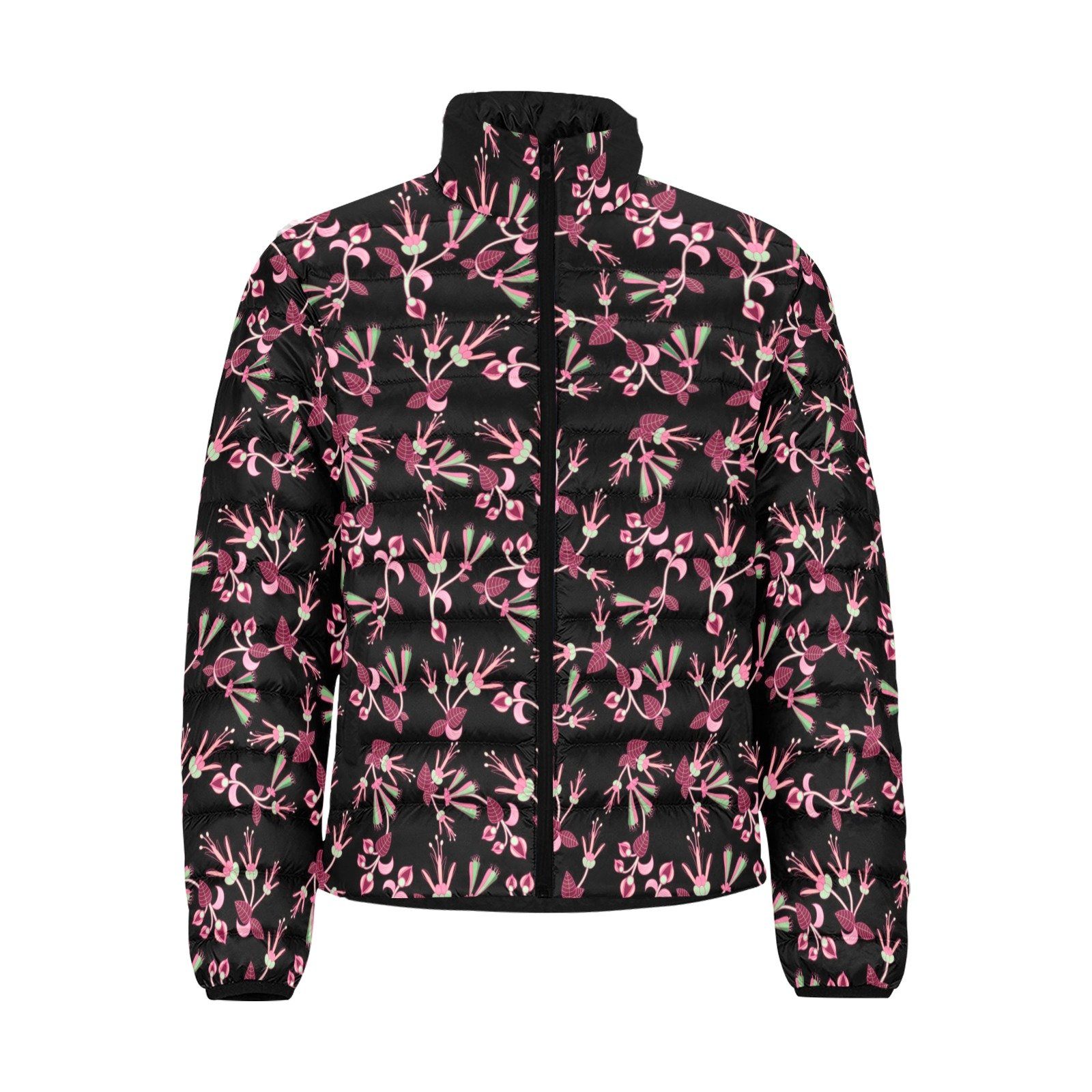 Floral Green Black Men's Stand Collar Padded Jacket (Model H41) Men's Stand Collar Padded Jacket (H41) e-joyer