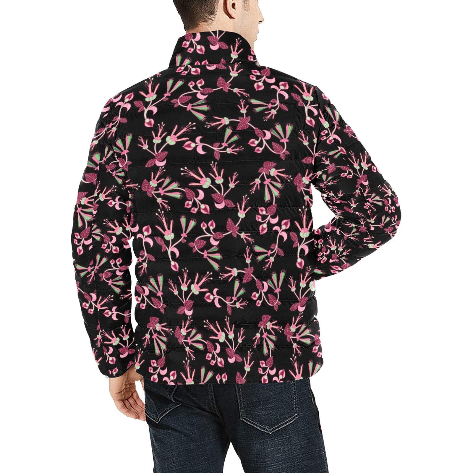 Floral Green Black Men's Stand Collar Padded Jacket (Model H41) Men's Stand Collar Padded Jacket (H41) e-joyer