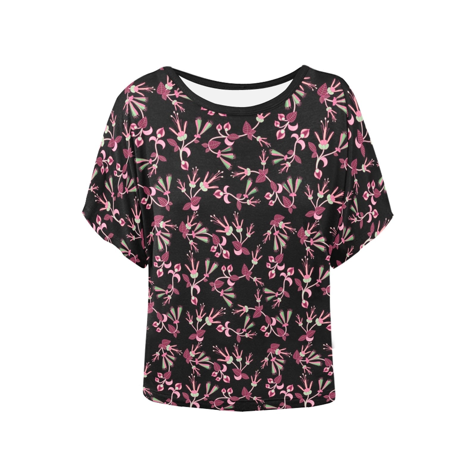 Floral Green Black Women's Batwing-Sleeved Blouse T shirt (Model T44) Women's Batwing-Sleeved Blouse T shirt (T44) e-joyer
