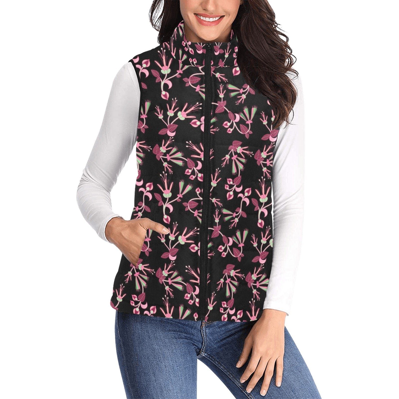 Floral Green Black Women's Padded Vest Jacket (Model H44) Women's Padded Vest Jacket (H44) e-joyer