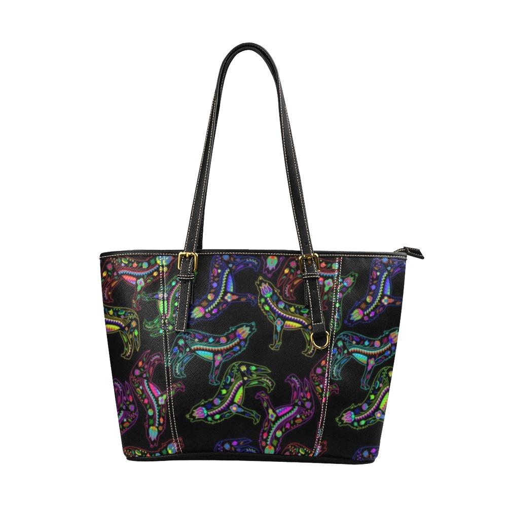 Floral Wolves Leather Tote Bag/Large (Model 1640) bag e-joyer
