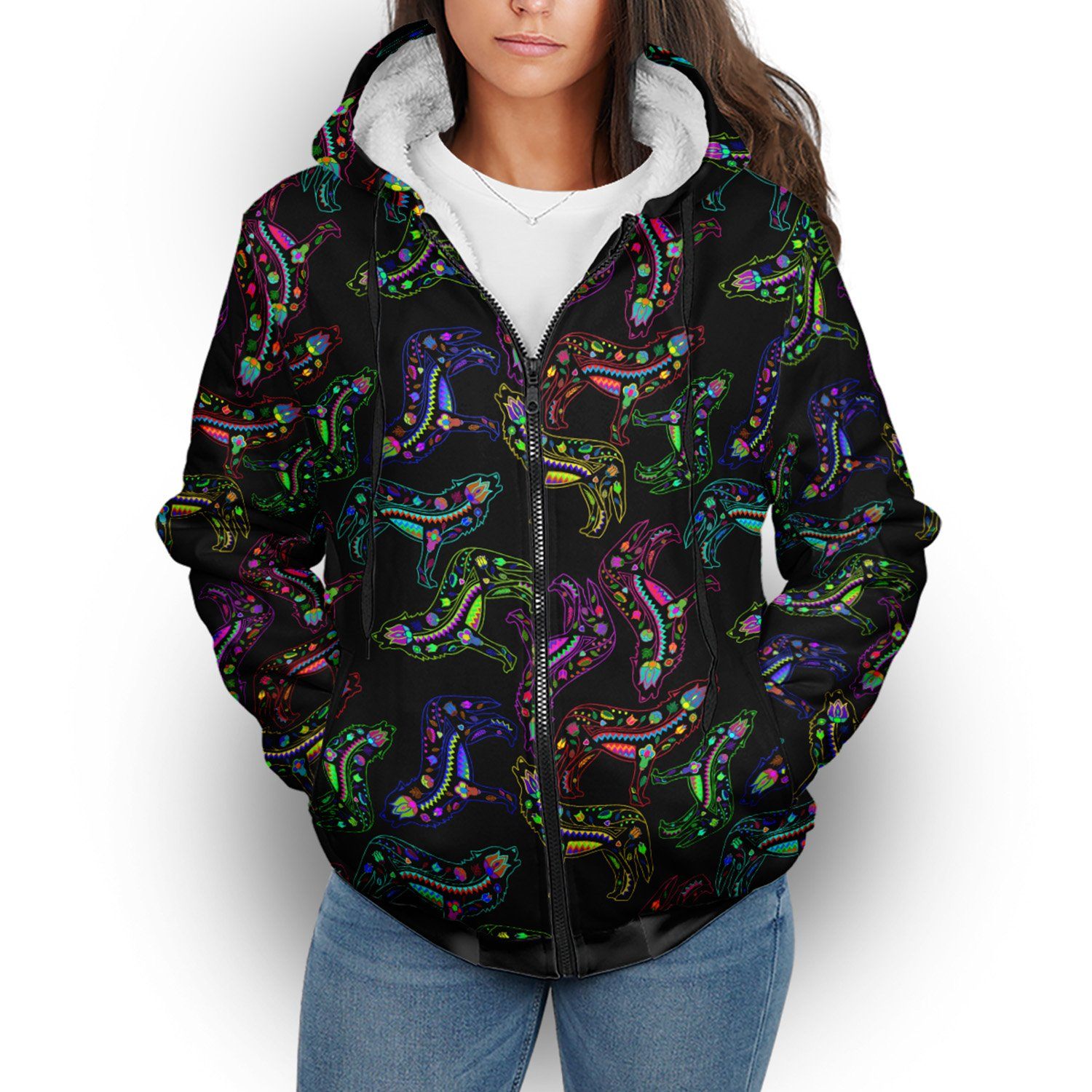 Floral Wolves Sherpa Hoodie hoodie Herman