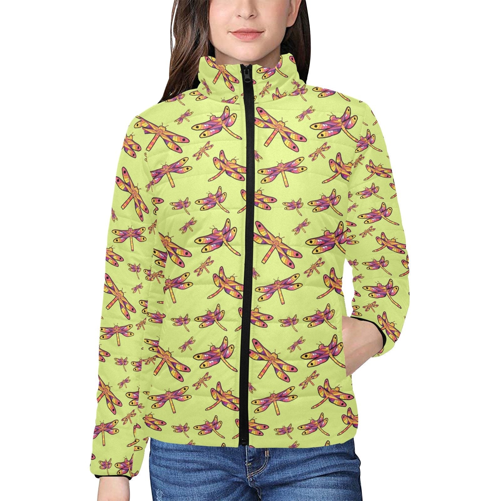 Gathering Lime Women's Stand Collar Padded Jacket (Model H41) jacket e-joyer