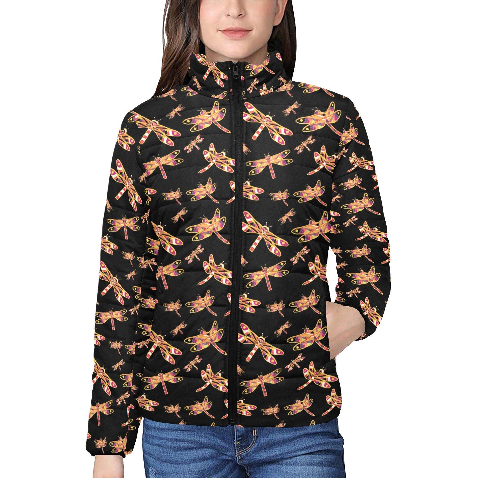 Gathering Yellow Black Women's Stand Collar Padded Jacket (Model H41) jacket e-joyer
