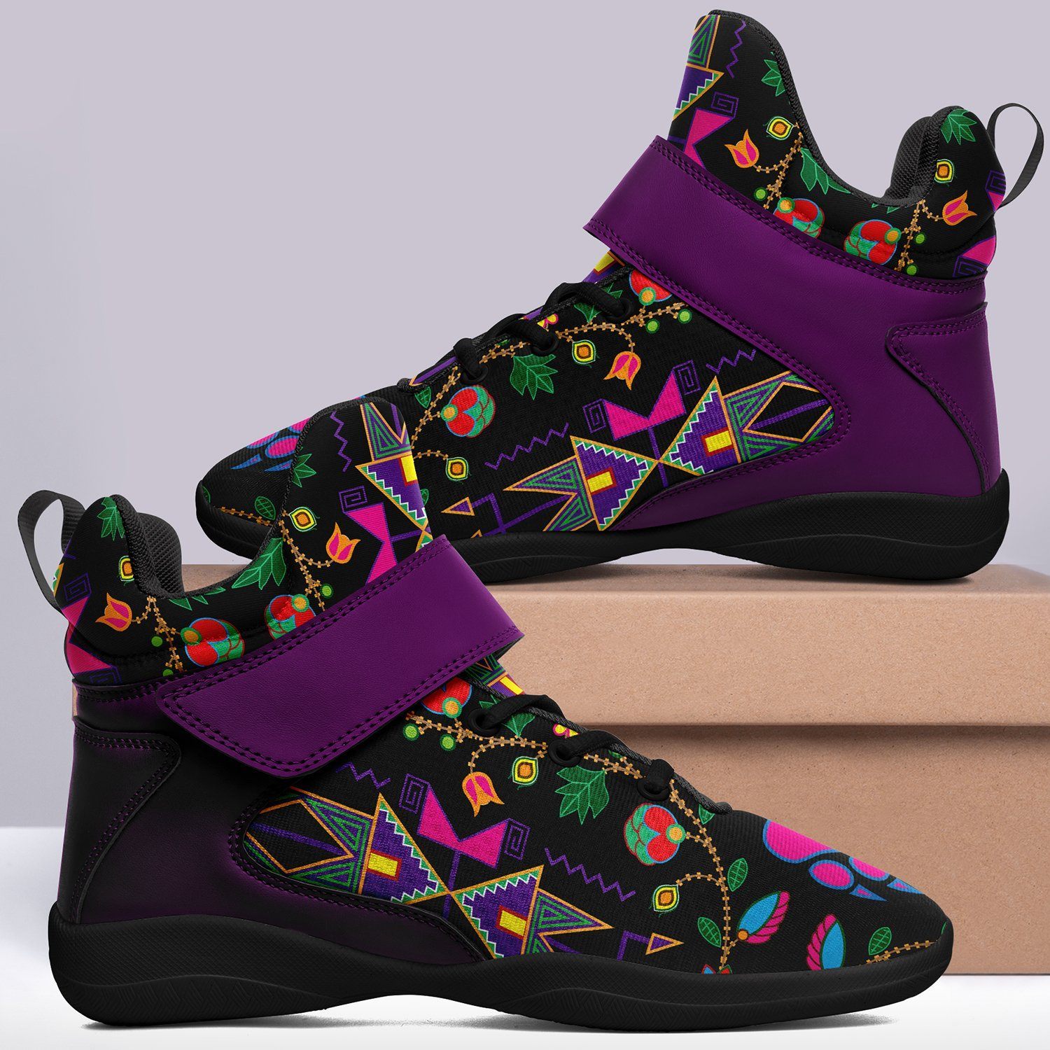 Geometric Floral Fall Black Kid's Ipottaa Basketball / Sport High Top Shoes 49 Dzine