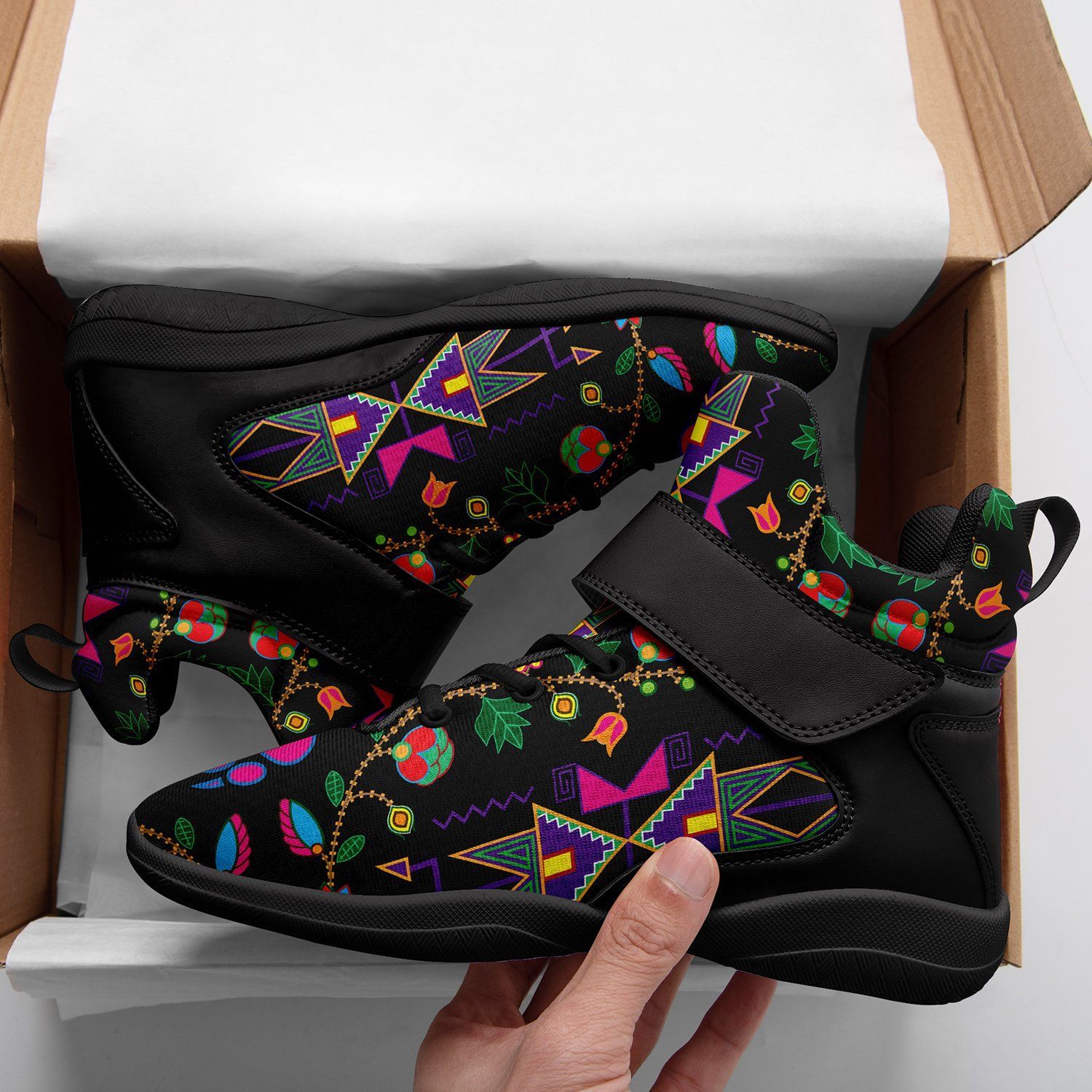 Geometric Floral Fall Black Kid's Ipottaa Basketball / Sport High Top Shoes 49 Dzine