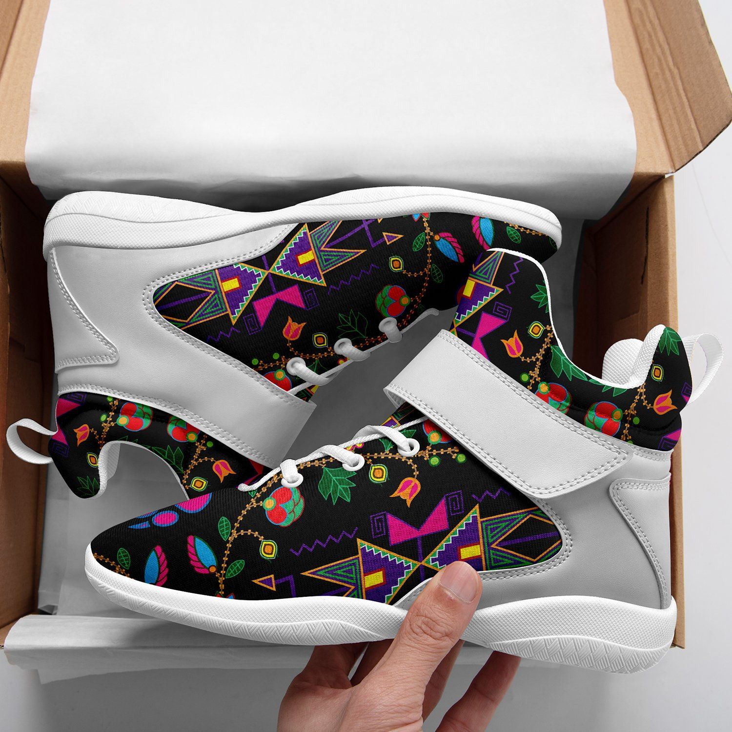 Geometric Floral Fall Black Kid's Ipottaa Basketball / Sport High Top Shoes 49 Dzine