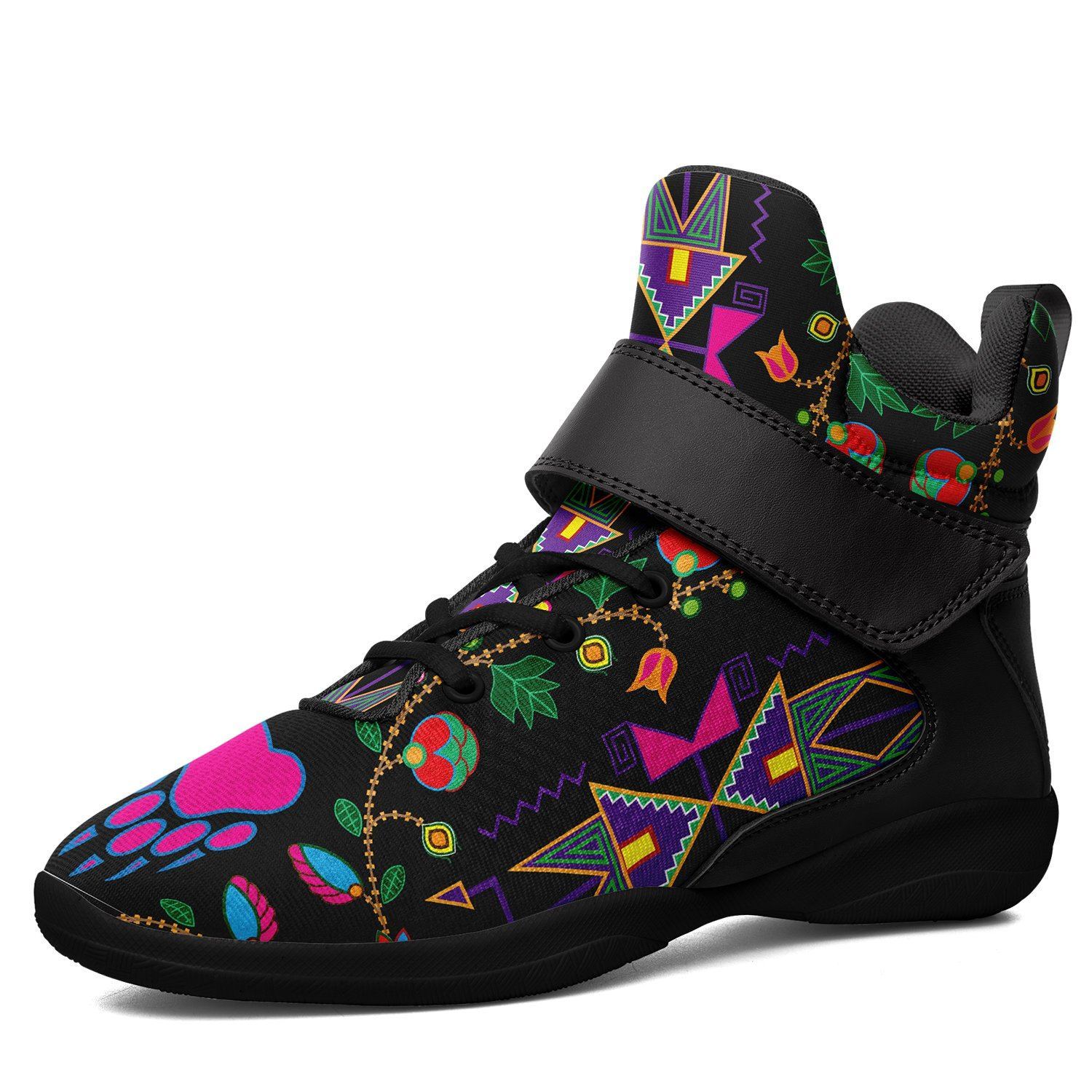 Geometric Floral Fall Black Kid's Ipottaa Basketball / Sport High Top Shoes 49 Dzine US Women 4.5 / US Youth 3.5 / EUR 35 Black Sole with Black Strap