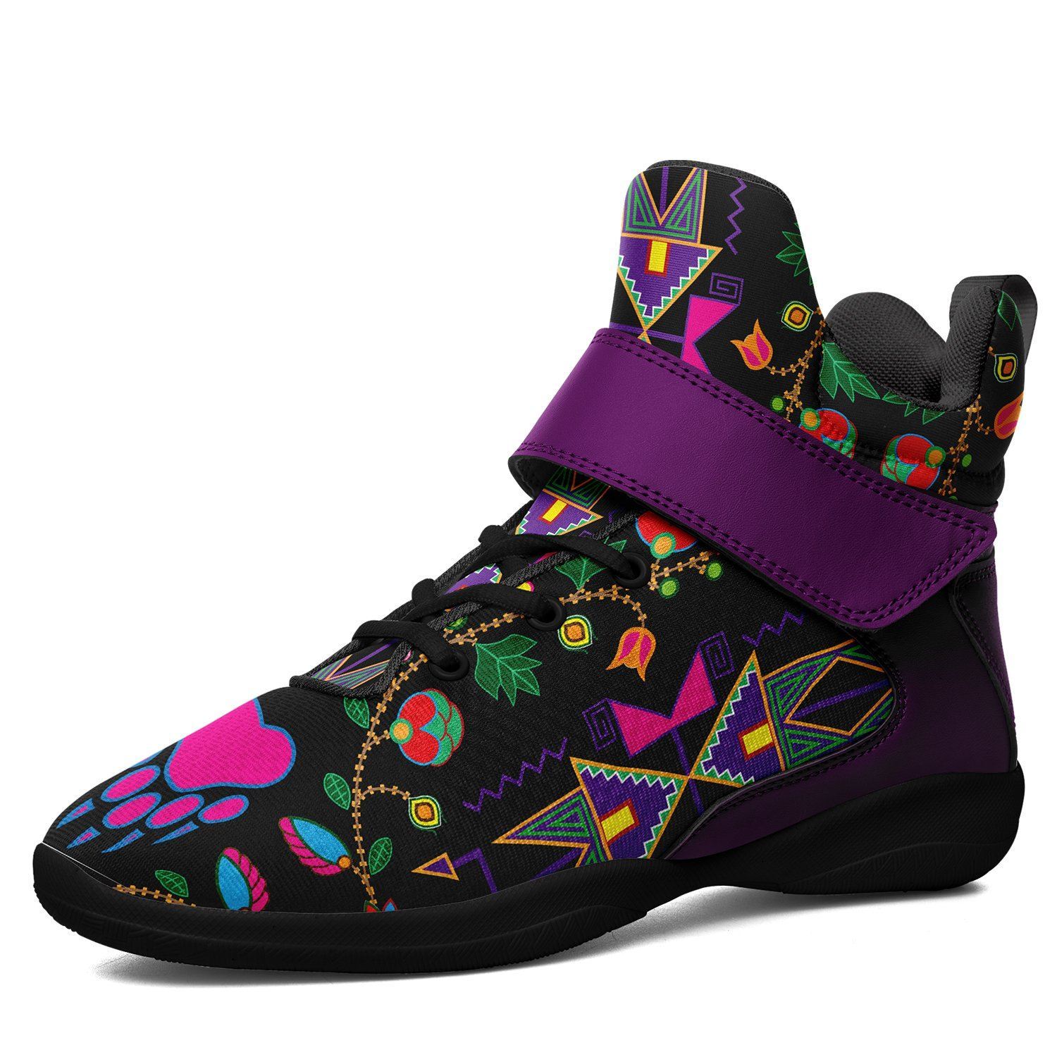 Geometric Floral Fall Black Kid's Ipottaa Basketball / Sport High Top Shoes 49 Dzine US Women 4.5 / US Youth 3.5 / EUR 35 Black Sole with Indigo Strap