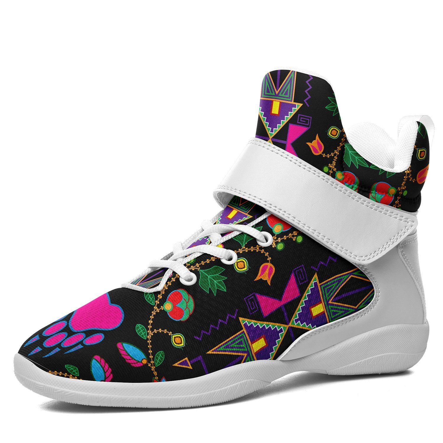 Geometric Floral Fall Black Kid's Ipottaa Basketball / Sport High Top Shoes 49 Dzine US Women 4.5 / US Youth 3.5 / EUR 35 White Sole with White Strap