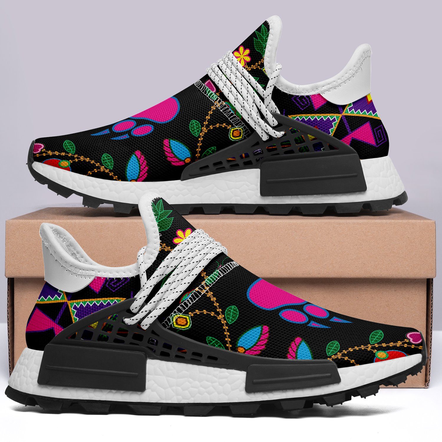 Geometric Floral Fall Black Okaki Sneakers Shoes 49 Dzine