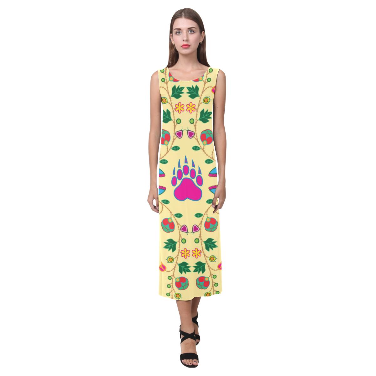 Geometric Floral Fall - Vanilla Phaedra Sleeveless Open Fork Long Dress (Model D08) Phaedra Sleeveless Open Fork Long Dress (D08) e-joyer