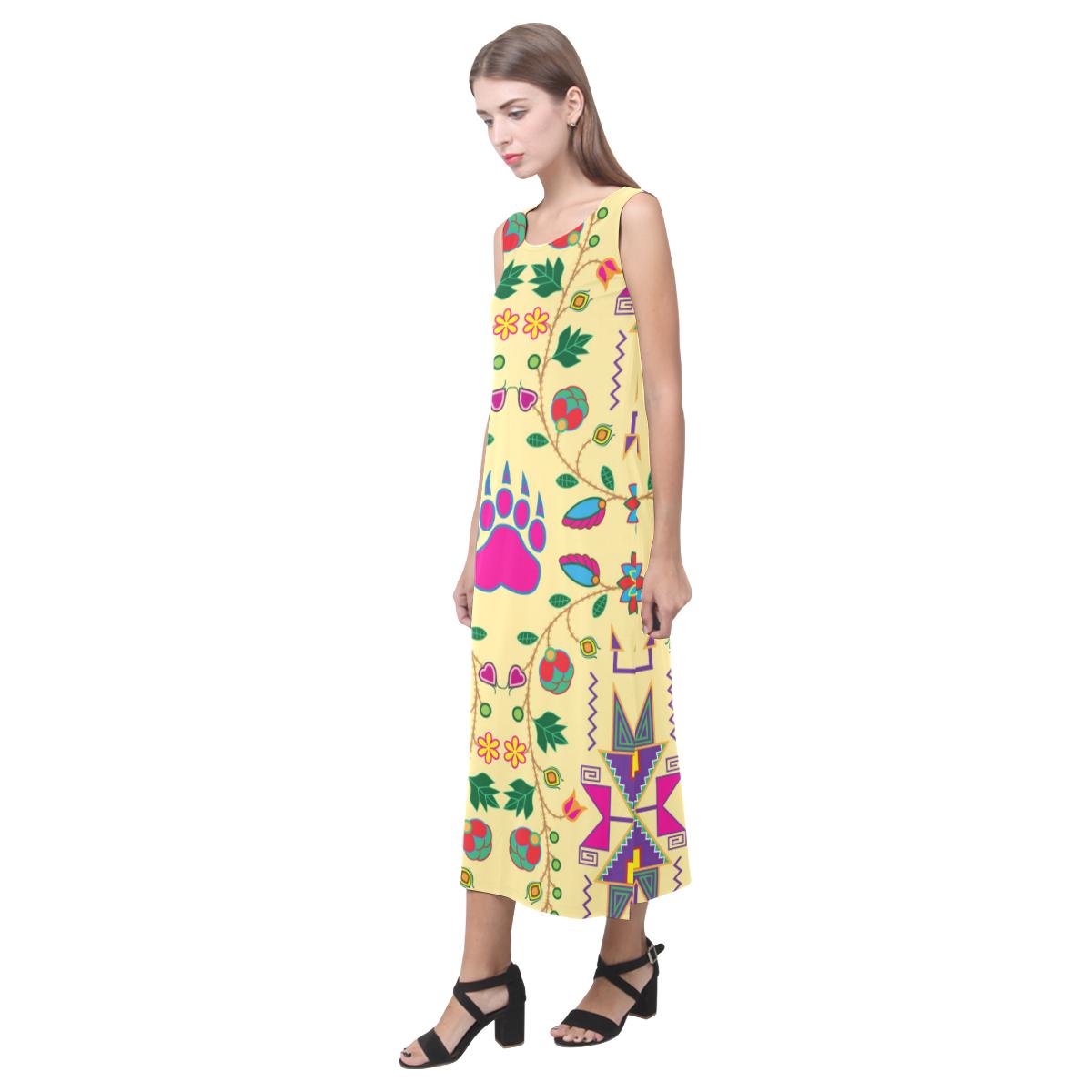 Geometric Floral Fall - Vanilla Phaedra Sleeveless Open Fork Long Dress (Model D08) Phaedra Sleeveless Open Fork Long Dress (D08) e-joyer