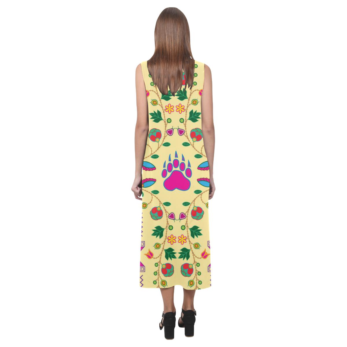 Geometric Floral Fall - Vanilla Phaedra Sleeveless Open Fork Long Dress (Model D08) Phaedra Sleeveless Open Fork Long Dress (D08) e-joyer