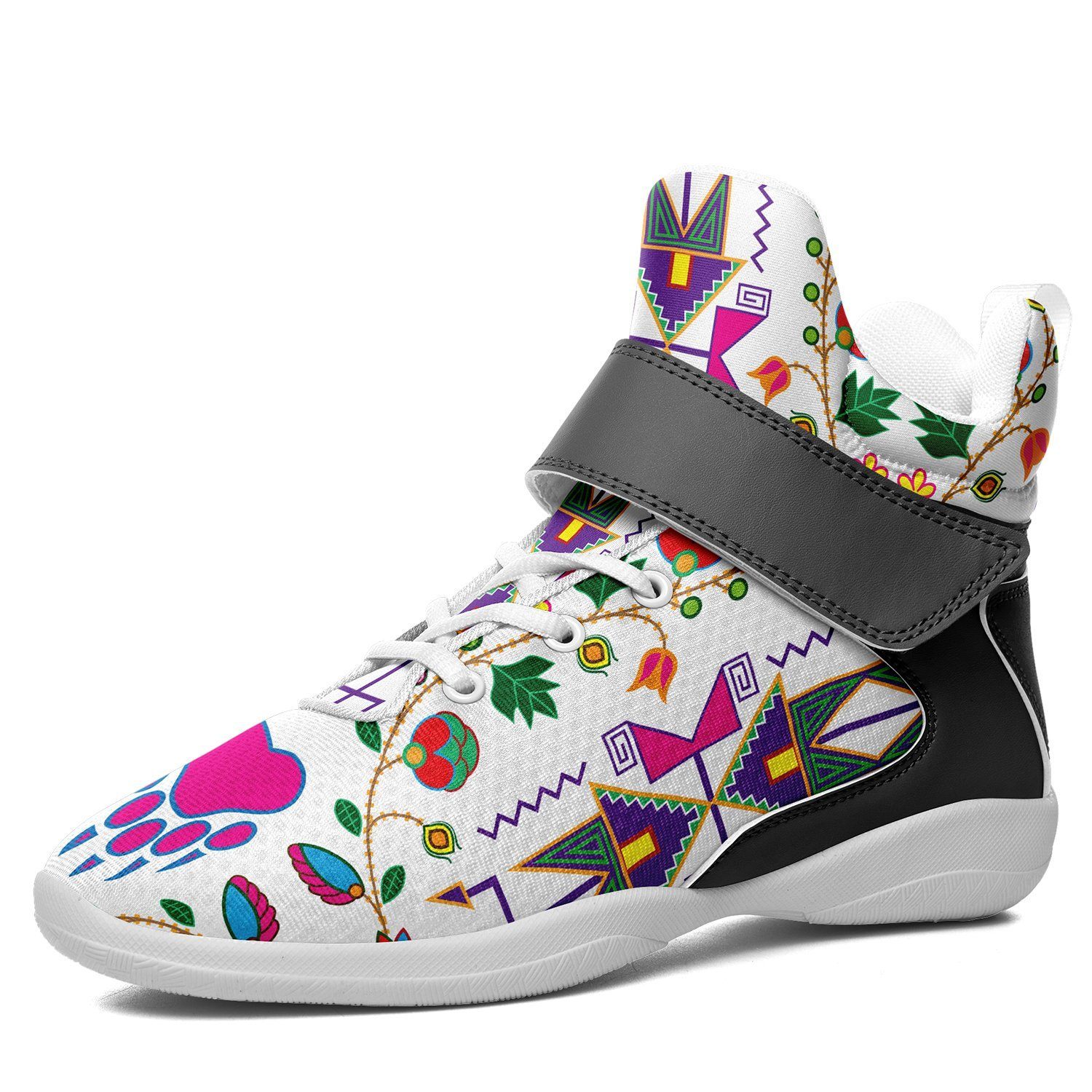 Geometric Floral Fall White Kid's Ipottaa Basketball / Sport High Top Shoes 49 Dzine US Women 4.5 / US Youth 3.5 / EUR 35 White Sole with Gray Strap