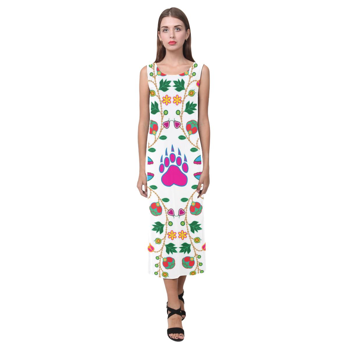 Geometric Floral Fall - White Phaedra Sleeveless Open Fork Long Dress (Model D08) Phaedra Sleeveless Open Fork Long Dress (D08) e-joyer