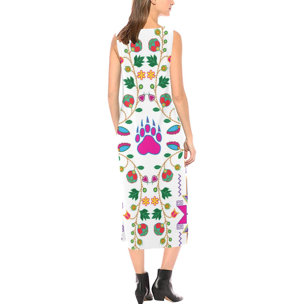 Geometric Floral Fall - White Phaedra Sleeveless Open Fork Long Dress (Model D08) Phaedra Sleeveless Open Fork Long Dress (D08) e-joyer